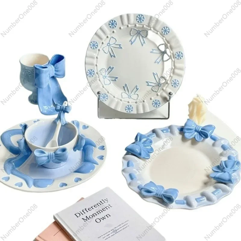 Embossed Bow Under-glaze Tableware Set - French Romantic Ceramic Plates & Bowls, Hand-Painted Gift for Her