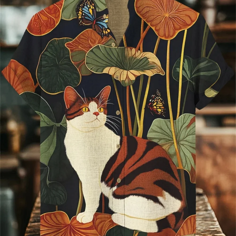 Men's Fashionable Stand up Collar Whale Pattern Retro Short Sleeve Button up Shirt High-Quality Streetwear New 2025