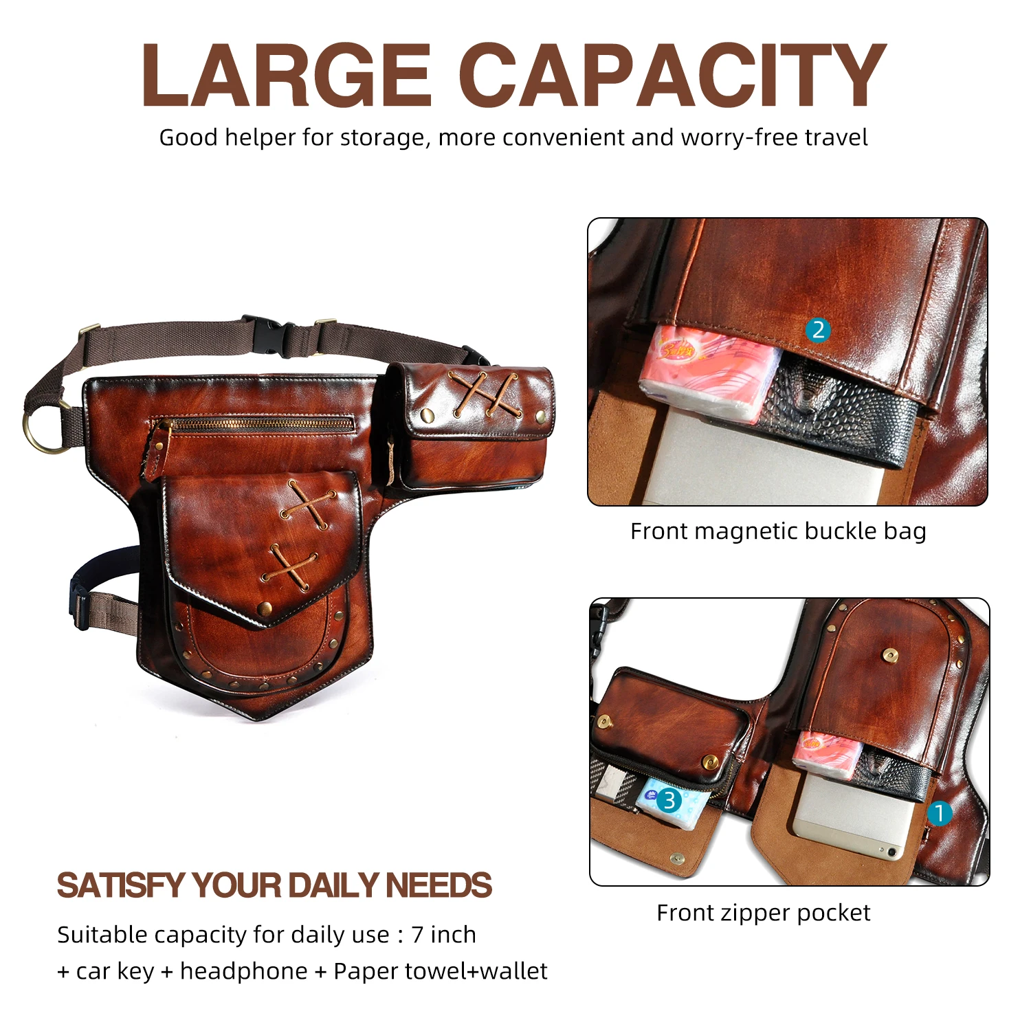 Real Leather Fashion Messenger One Shoulder Bag Design Travel Fanny Waist Belt Pack Drop Thigh Leg Bag For Men Male 211-8r