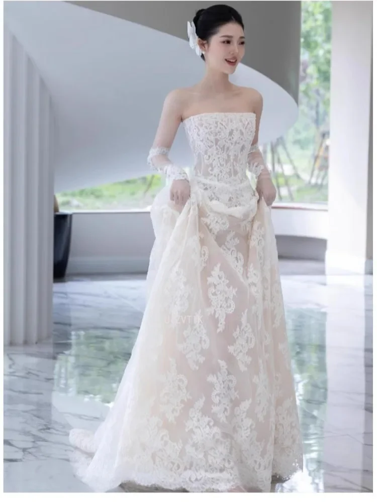 Vintage branco renda a linha vestido de casamento feminino sem alças rendas com luva vestidos de noiva simples coreia vestidos de sessão de fotos de casamento