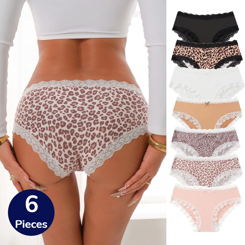BZEL 6PCS Spitze Damen Höschen Französisch Glamouröse Slips Leopard Sexy Dessous Blumen Unterwäsche Bequeme Atmungsaktive Unterhose
