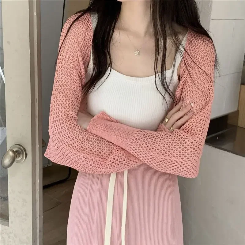 New Spring Summer Women Cropped Cardigan Knitted Tops Shawl Korean Fashion Sun Protection Clothes Long Sleeve Thin Jacket