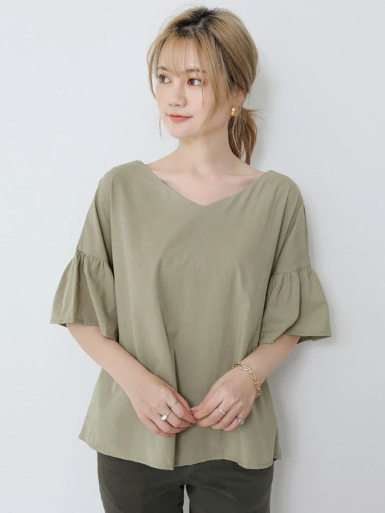 Matakawa V Neck Blusas Mujer Solid Flare Sleeve Summer Elegant Women Blouses 2022 Japan Style Loose Ruffles Casual Shirts