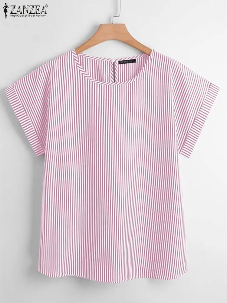 ZANZEA Harajuku Women Short Sleeve Blouse Korean Fashion Stripes Tops 2024 Summer Casual Round Neck Tunics Daily Simple Blusas