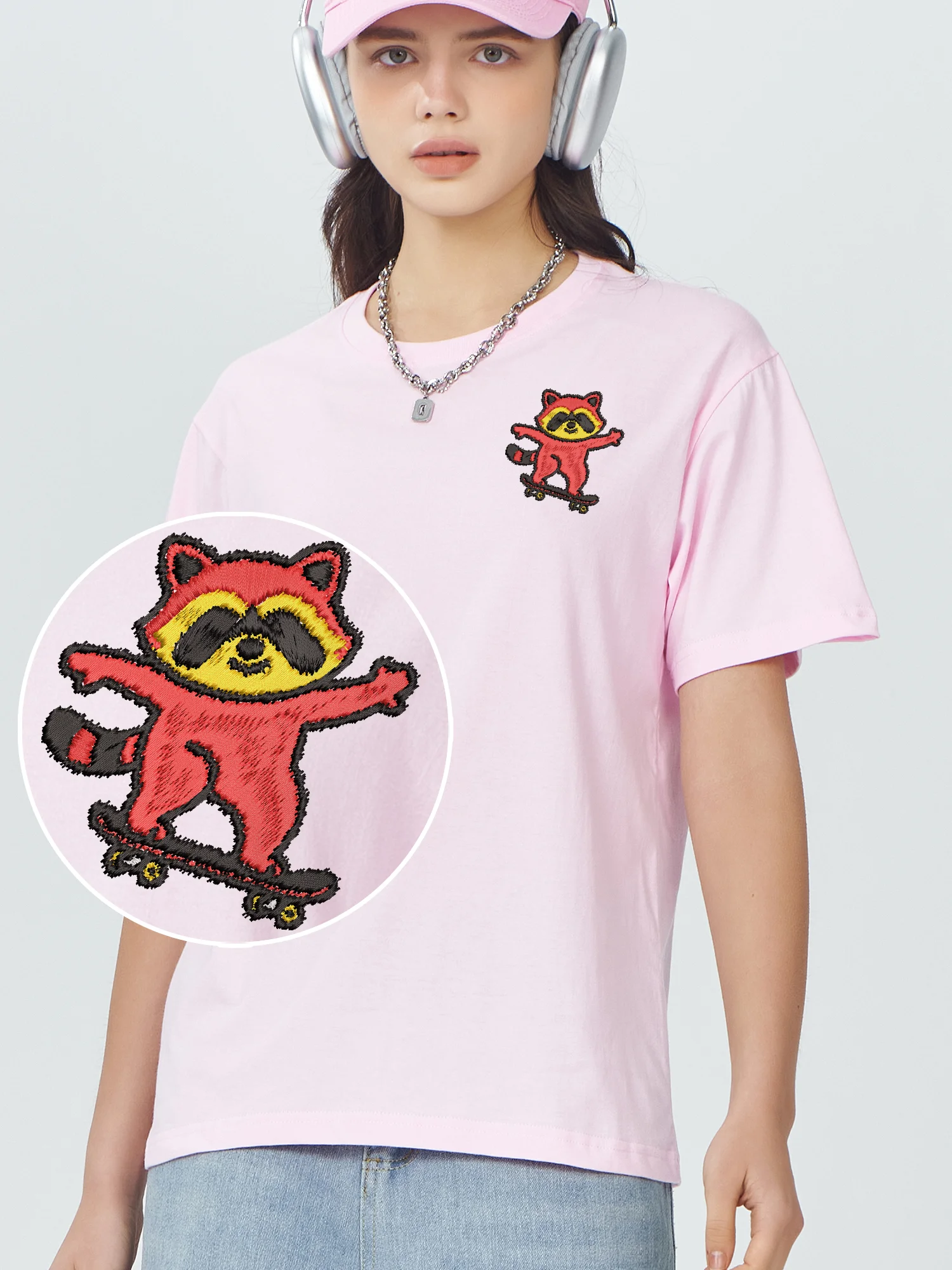 Raccoon Skateboarding Embroidered Design Short Sleeve Luxury Clothing Funny Gifts Tee Shirt Fashion Casual Camiseta