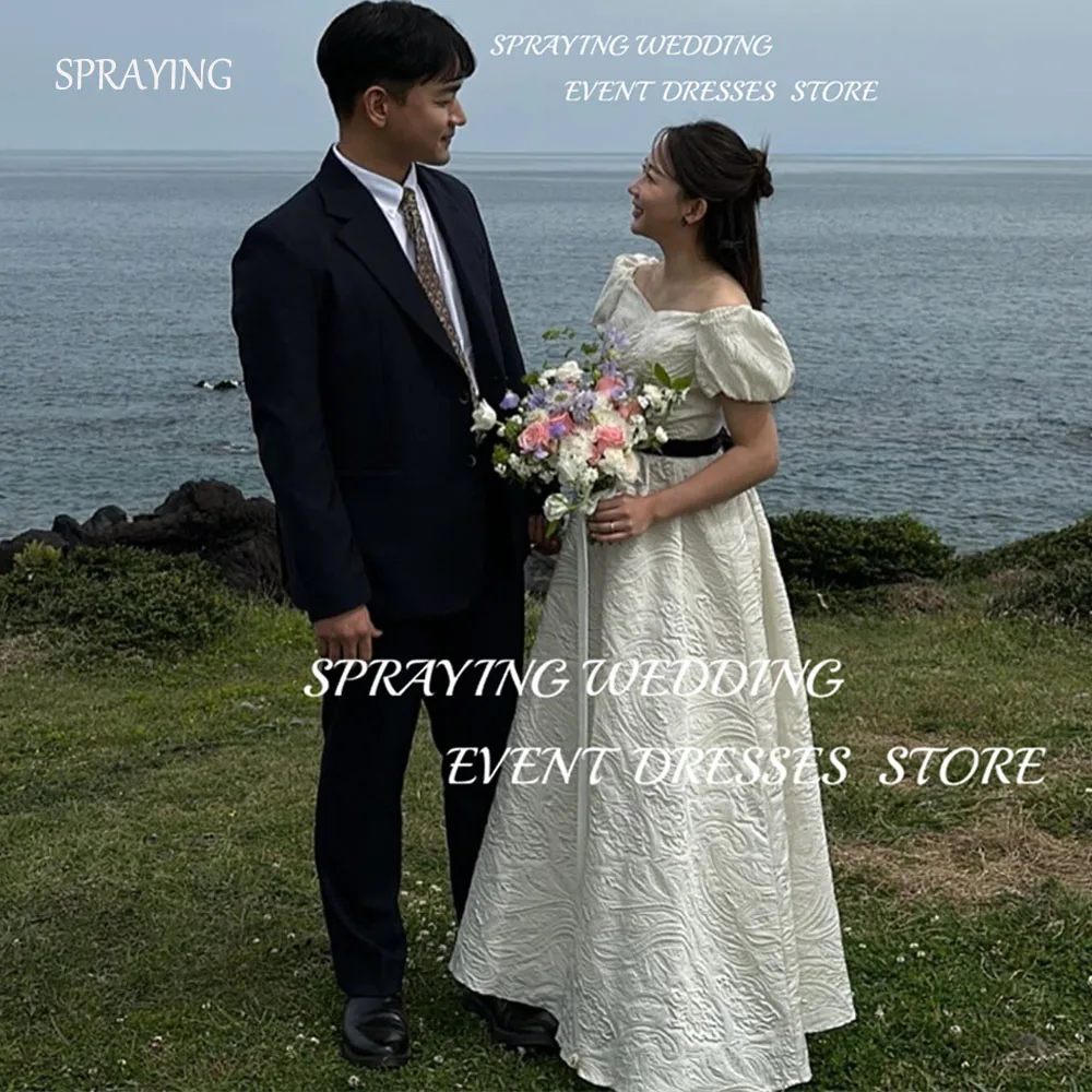 

SPRAYING Korean Wedding Photography Simple Lantern Sleeve A Line Floor-Length Bridal Gown V-Neck Stamp Flower Wedding Dress