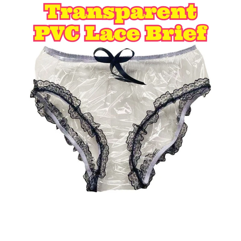 Women PVC Transparent Lace Bow Thong Panties Waterproof See Through Underwear Lingerie Triangle Open Front Bikini Style Wet