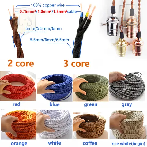 Vintage Twisted Fabric Electrical Wire Braided Lighting Cable Lamp Cord 2 Core 3 Core  Edison Bulbs Woven Flexible Wire Cord