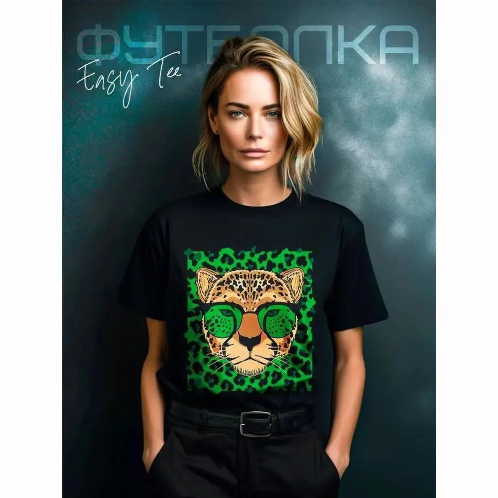 

New 2026 Summer 100% Cotton Black Leopard Print Graphic T Shirt Women Short Sleeve Crewneck Gothic Y2k Harajuku T-shirt Top Tees