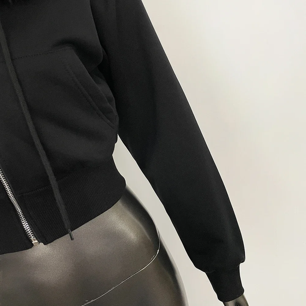 OFTBUY Lässige neue Winter-Oberbekleidung für Damen, echte Fuchspelz-Kapuzenjacke, kurze Jacke mit Reißverschluss und flauschigem Waschbärpelzbesatz. – Detail 5