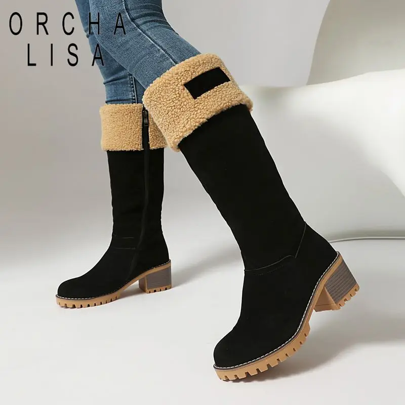 

ORCHA LISA Women's Warm Knee High Booties 6cm Chunky Heels Zipper Plush Non Slip Outdoor Snow Large Size 43-44 Bota Casual