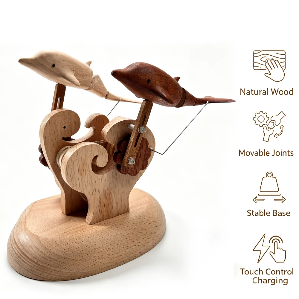 Handmade Wooden Kinetic Desktop Ornament,Jellyfish Turtle Dolphin Manta Ray Dynamic Art Figurine,Touch Switch USB Charging Creat