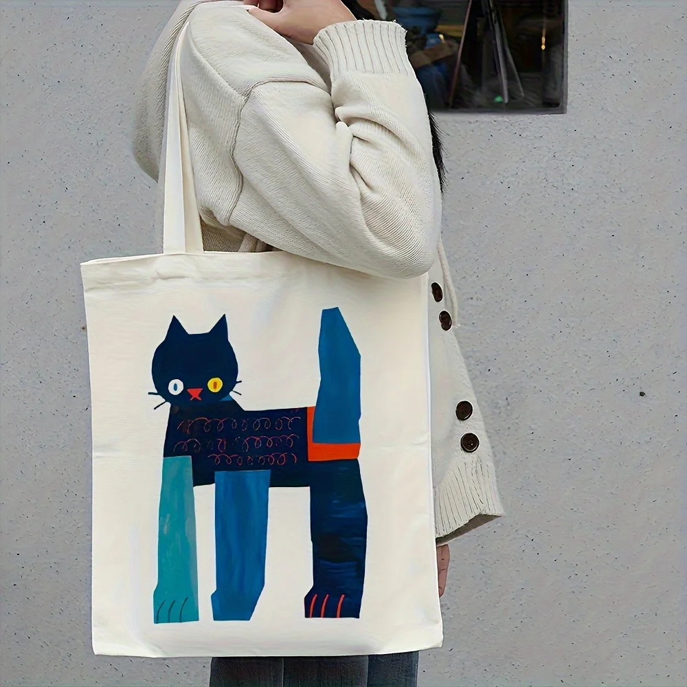 Blue and Black Color Block Cat Illustration Canvas Tote Bag, Large Capacity Multi-Functional Shoulder Bag, Suitable for Shopping