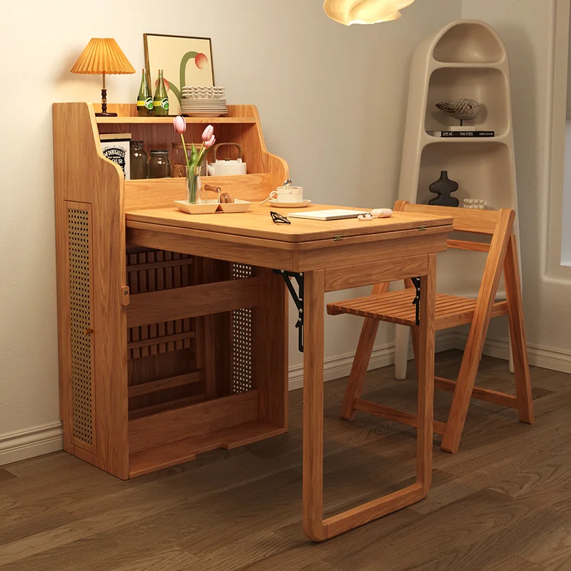

Modern small apartment storage side cabinet retractable folding dining table wooden table