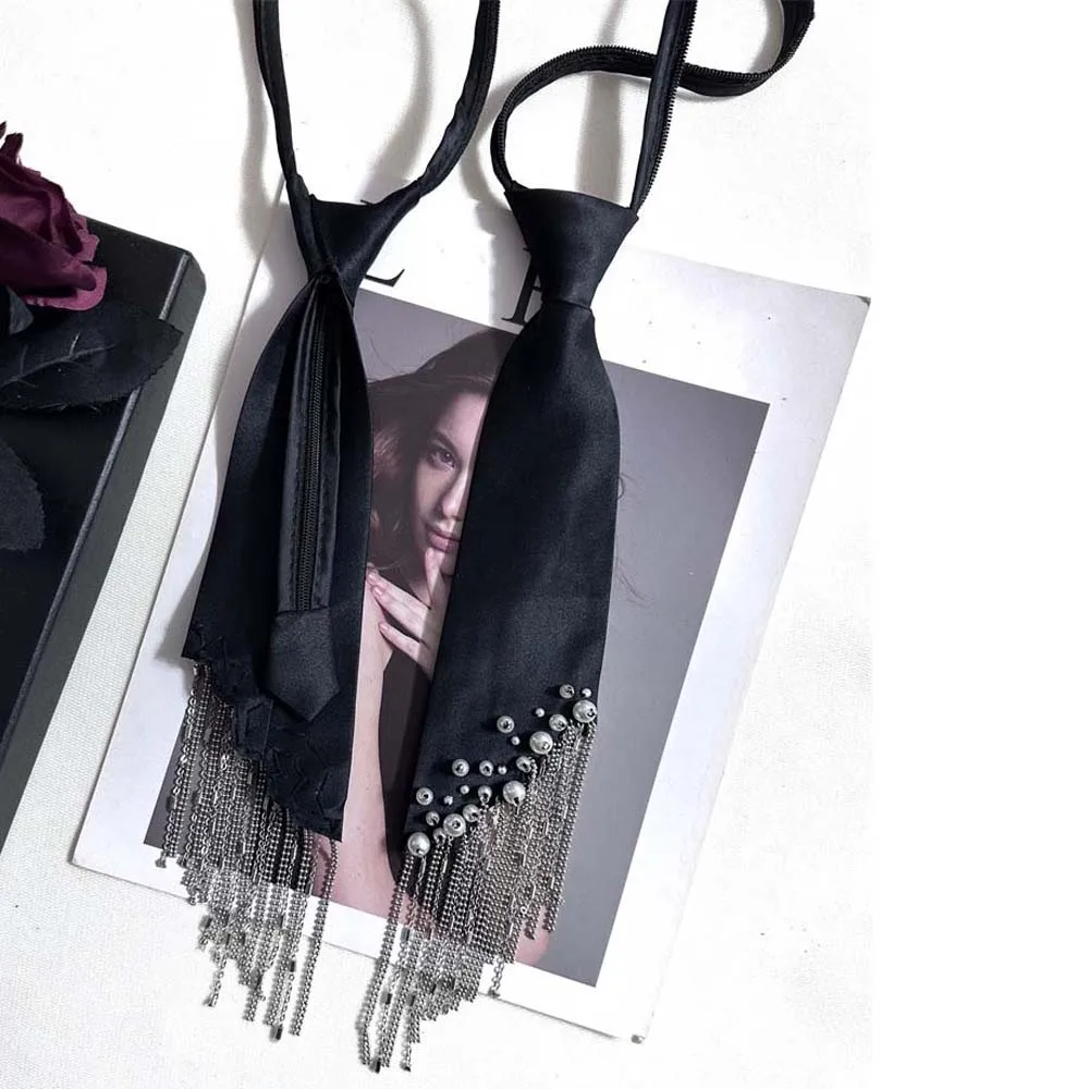 気質韓国風パールネクタイ黒タッセル手編みロングネクタイアカデミックスタイルネックレス装飾シャツネクタイ女性