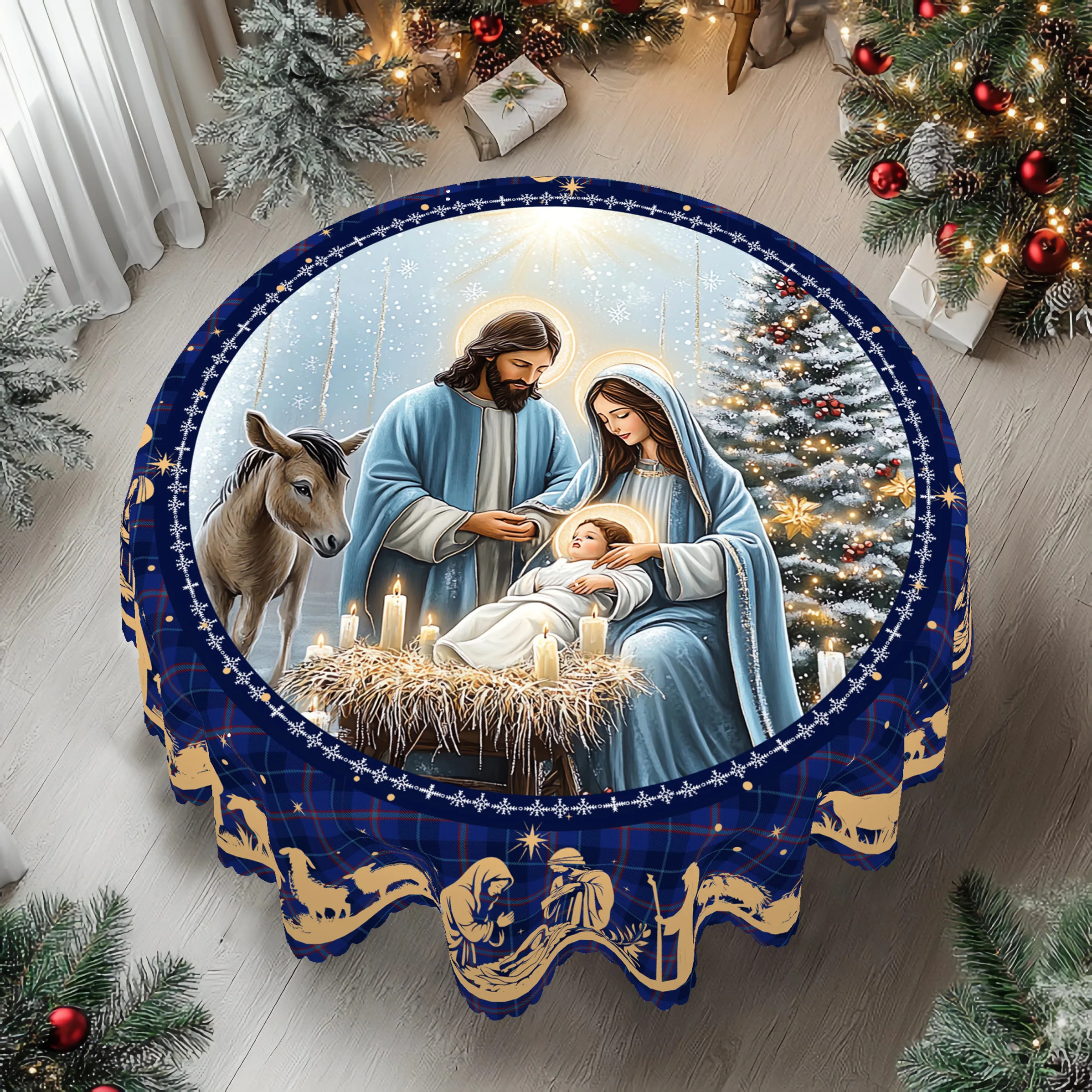 1 Piece Christmas Round and Rectangular Tablecloth, Various Sizes, Bible and Birth Plaid Pattern Printing, Blue Tablecloth with Christmas Tree Design, Tablecloth for Daily Home Kitchen, Terrace Use