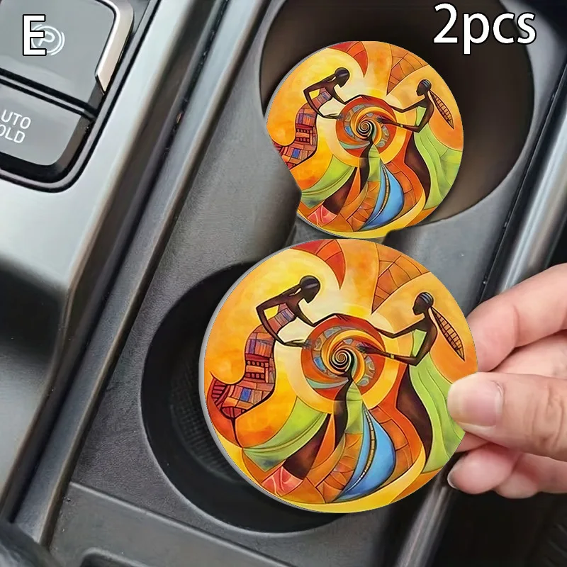 Colorful Retro African Tribal Ladies Music Dance Print Car Drink Cup Holder Coasters 2Pcs, Anti Slip Waterproof Washable Leather