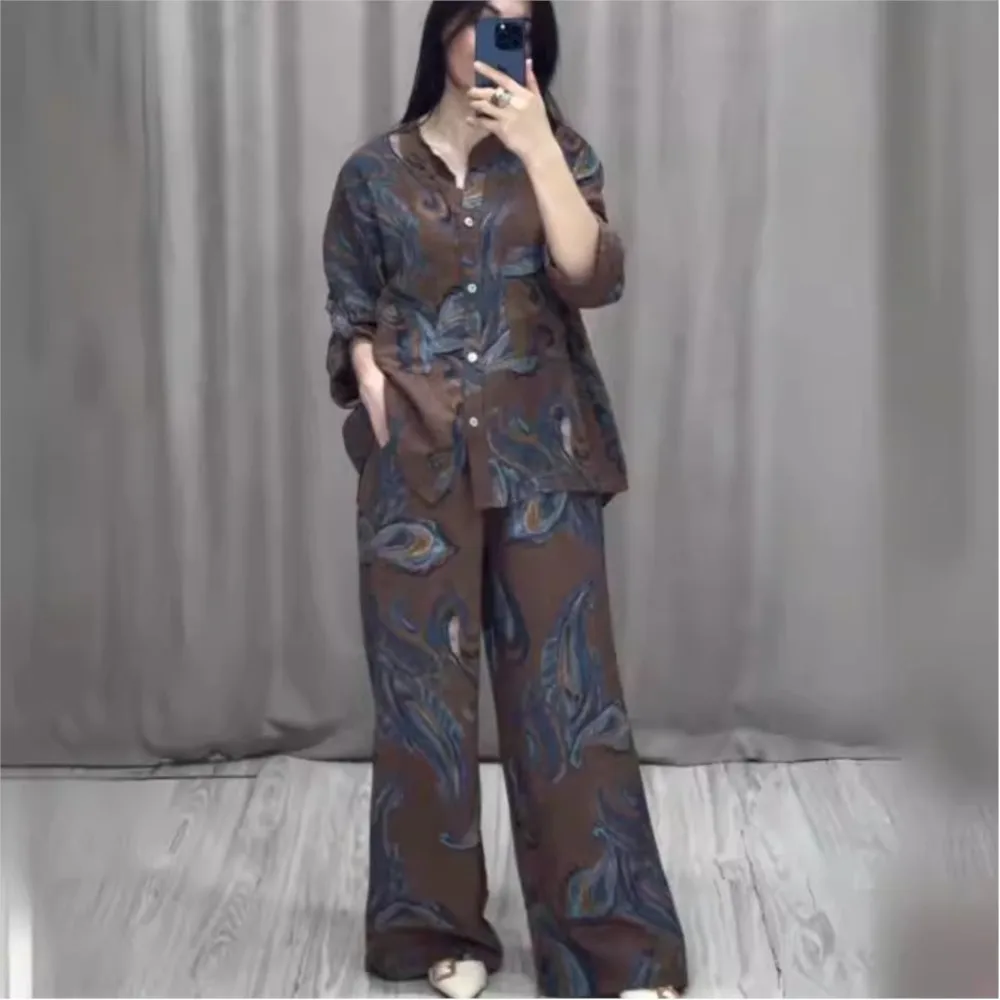 Women Vintage Print 2 piece sets 2024 Spring v-neck Long Sleeve Shirt Lace-up Wide Leg Pants Outfit New Summer Button 2pcs Suit