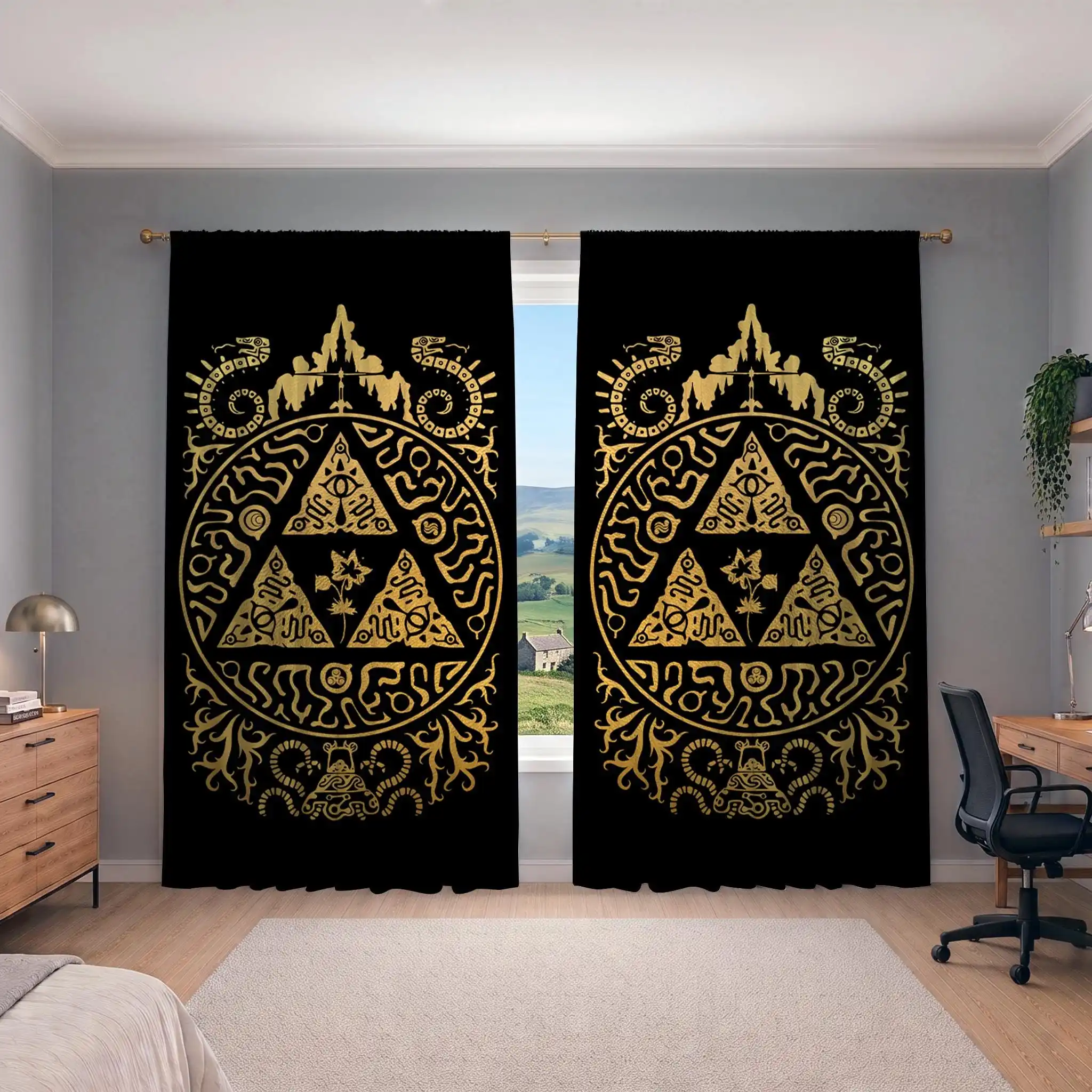 Large Black Bohemian Crystal Pyramid Tapestry Curtain Boho Wall Decor Spiritual Mystical Geometric Art Window Dressing
