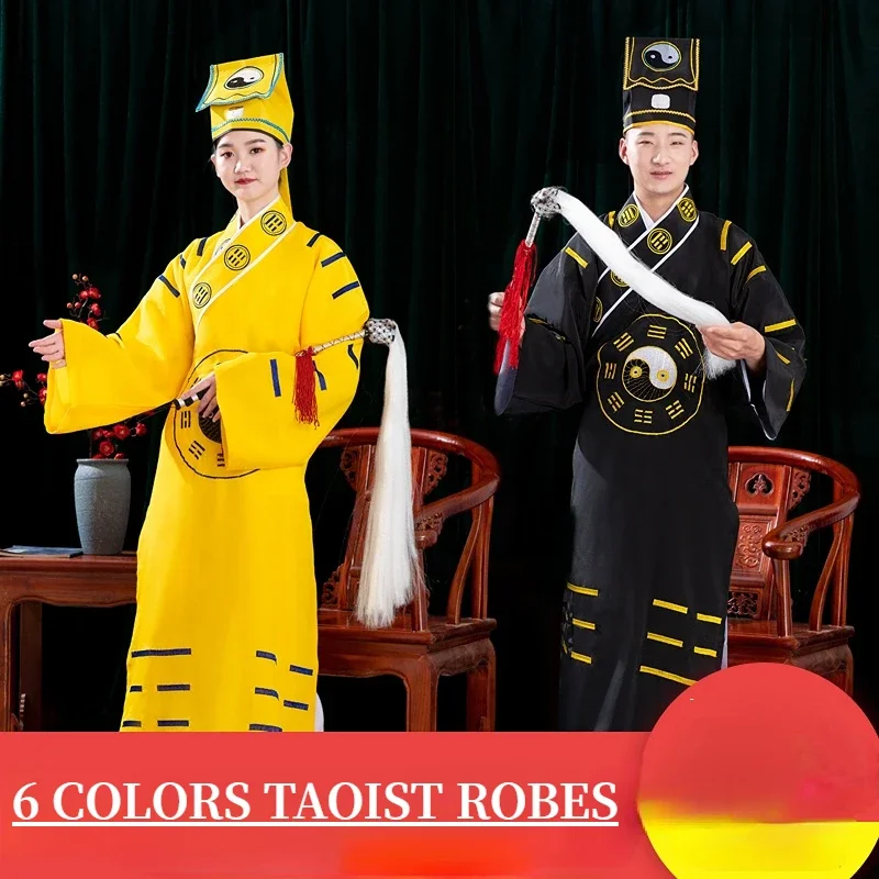 6 Colors Traditional Chinese Taoist Robes for Adults Priest Costumes Maoshan Monk Clothes Shaolin Tai Chi Gown with Whisk Hat