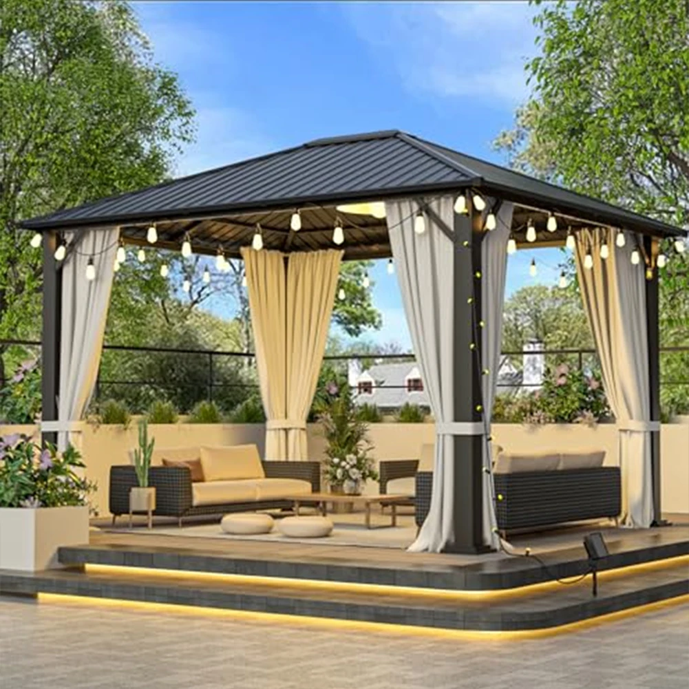 

10'x12' Hardtop Metal Gazebo With Mosquito Netting Heavy Duty Canopy Shelter Outdoor Tent For Backyard Garden Patio