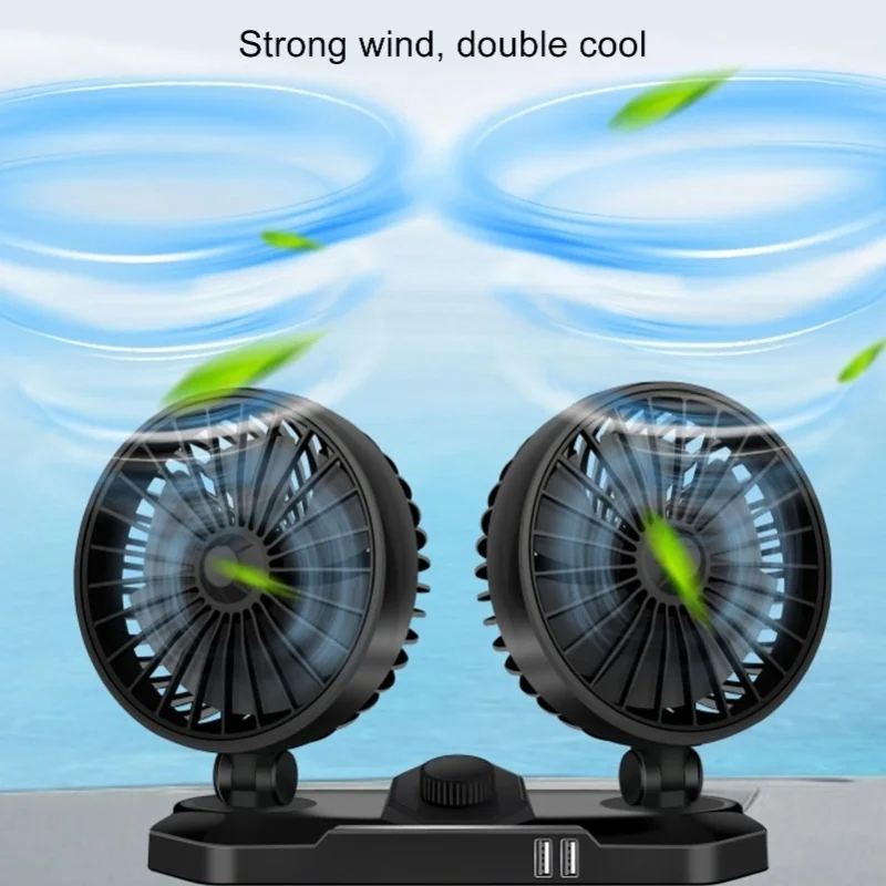 USB Car Fan Dual Head 12V Oscillating Portable for Dashboard SUV RV Truck 360 Rotation Air Cooler 2 Speeds