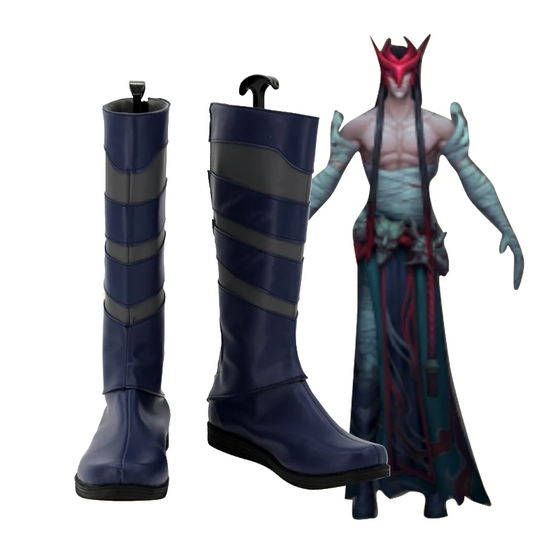 CosplayLove LOL Game Battle The Unforgotten Yone Coslay Shoes Stivali lunghi blu scuro in pelle realizzati su misura