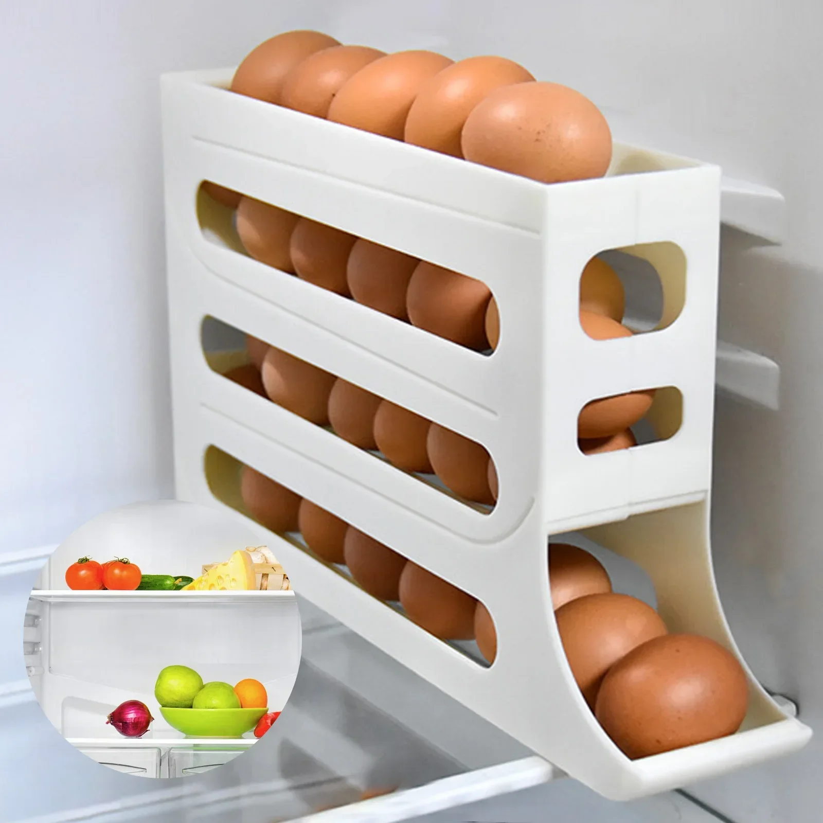 1pcs Ladder egg storage box, 4-layer ladder style egg box, refrigerator storage side door, large capacity automatic Egg roller