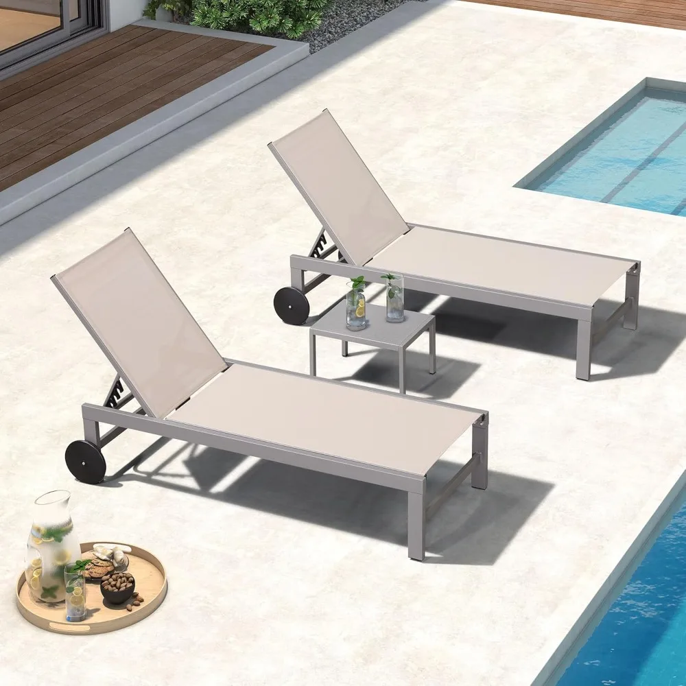 

Outdoor Lounge Chair Set for 2 Patio Chaise Lounger with Aluminum Frame and Easy-to-Move Wheels All-Weather Pool Lounge Chairs
