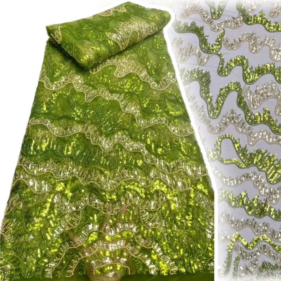 

Роскошное африканское тяжелое зеленое кружево с бисером, 2024, высокое качество, нигерийское кружево с блестками, французский тюль, ткань для шитья вечерних платьев CC1365