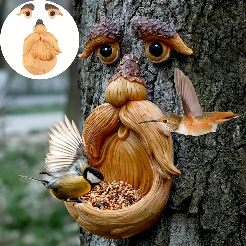 Baum-Gesichtsdekoration, Vogelfutterstation im Freien, Augen leuchten im Dunkeln, lustiger alter Mann, Baum-Hugger-Skulptur, Hof, Kunst, Garten, Rasen, Ornament, Dekoration – Detail 4