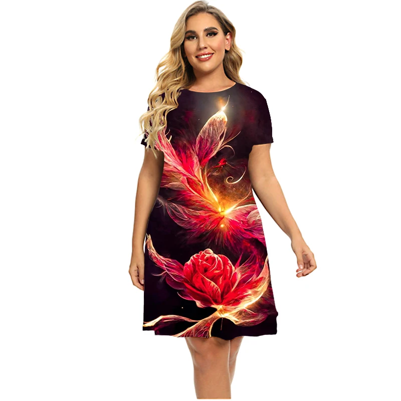 New Women Flame Red Rose Flower Dresses For 2023 Summer Pattern 3D Print Clothing Fashion Short Sleeve Loose Plus Size Dress 6XL