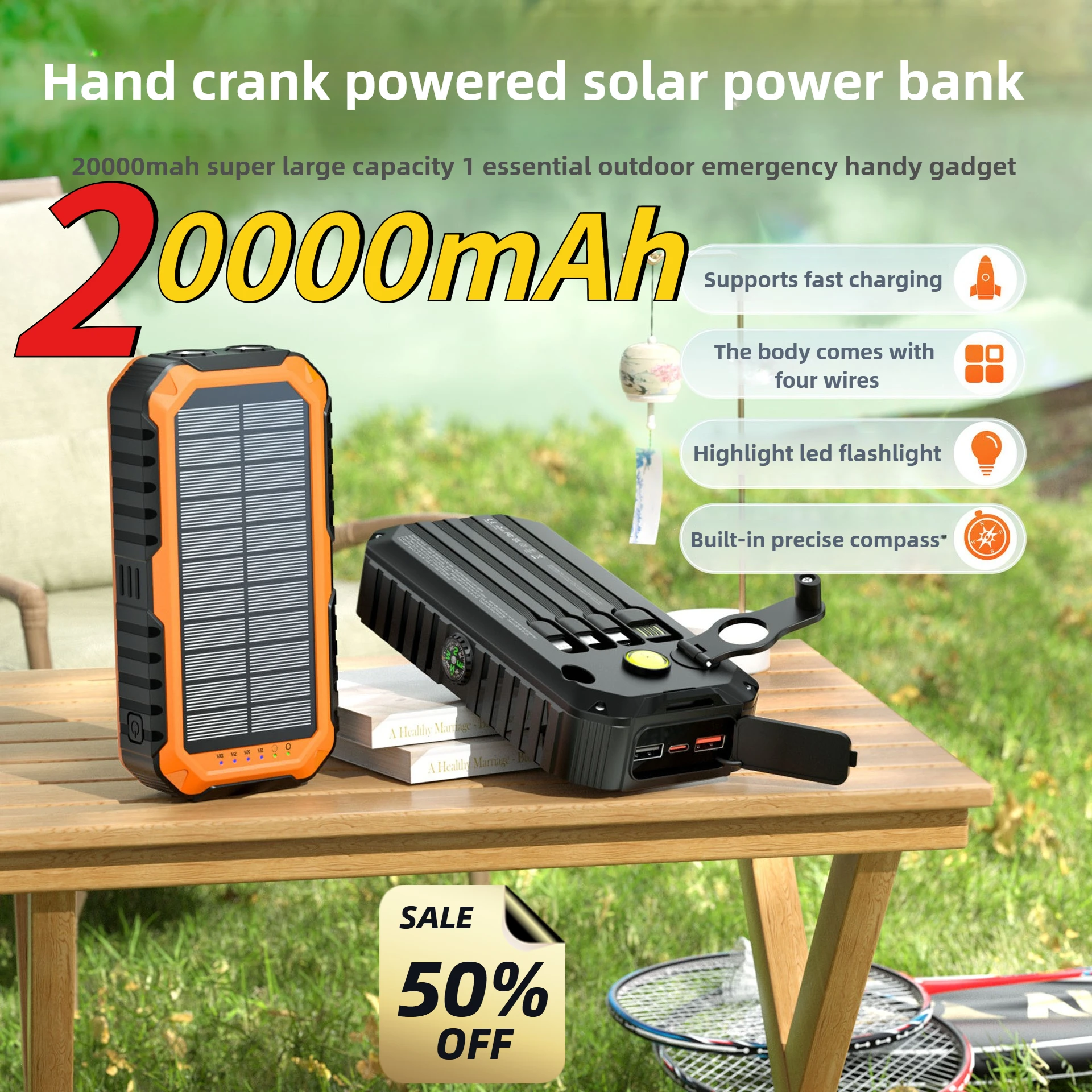 20000mAh بنك الطاقة الشمسية مع كرنك اليد المدمج في 4 كابلات البوصلة مستوى مصباح ليد جيب شاحن محمول للتخييم آيفون #1