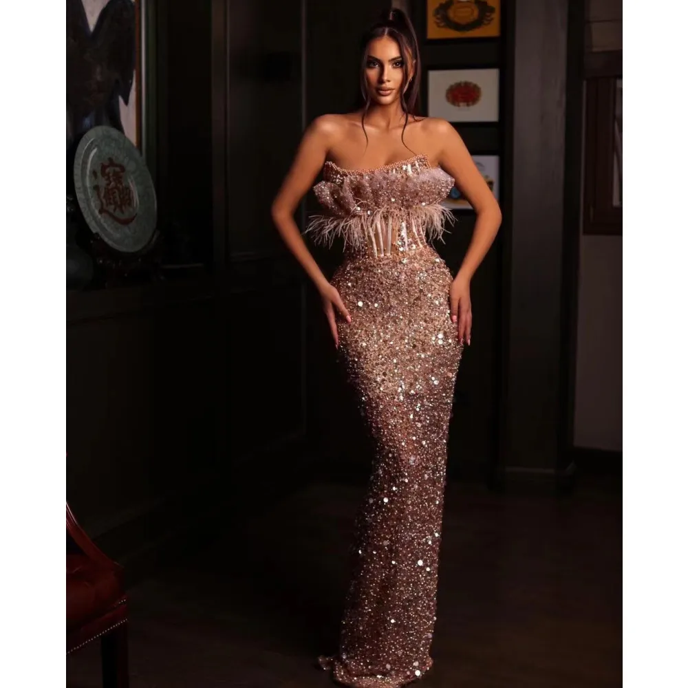 Pink Bodycon Birthday Dress For Women Strapless Pearl Sequined Feather Waist Maxi Long Sparky Celebrity Evening Party Dress