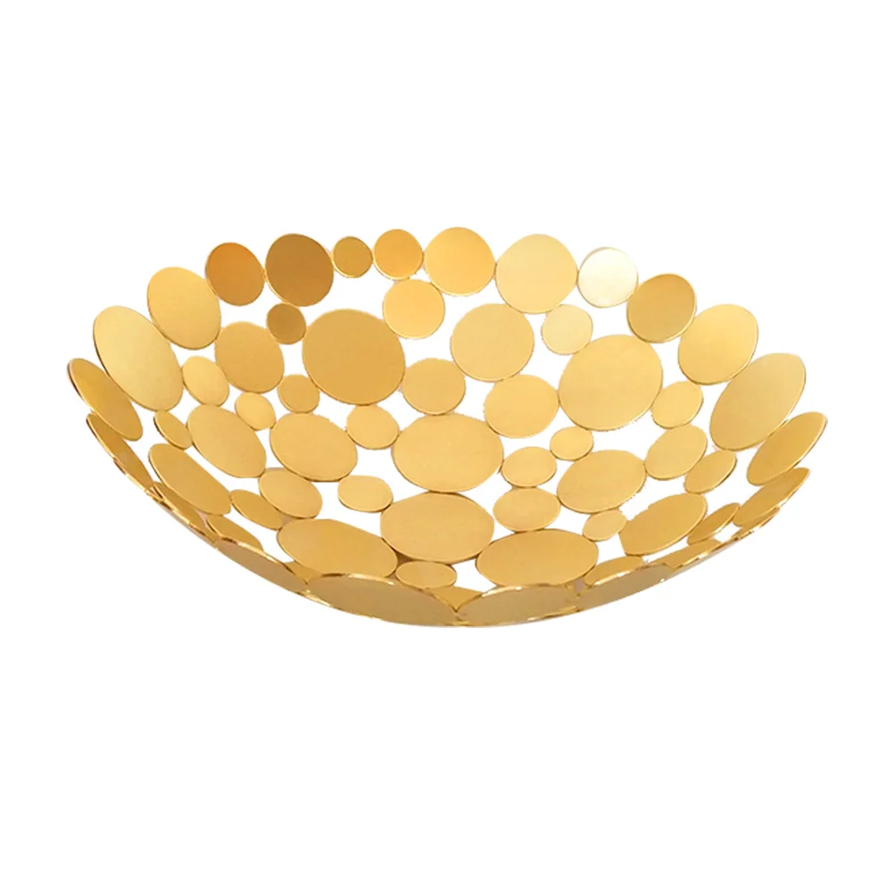 Fruit Basket Bread Iron Plate Storage Baskets Vegetable Holder Dish Golden Hollow Round