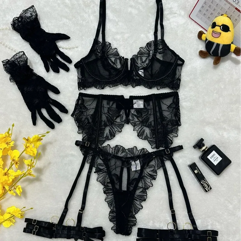 Toucheart Erotic Lingerie Lace Hollow Backless Comfortable Sexy Bra Set Women's Hot Underwear Panties Garter Belt Five-piece Set - Image 2
