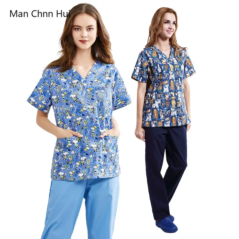 

Scrubs Medical Uniforms Women Set Beauty Salon Pure Cotton Workwear Surgical Costume for Female Veterinary Print Overalls