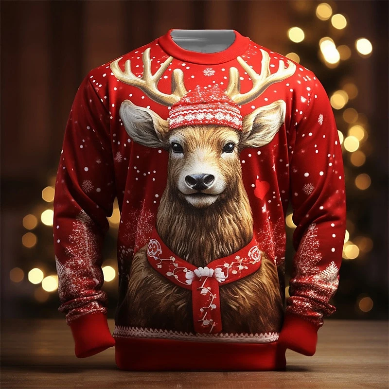 Christmas Elk Print Sweatshirts For Men Fall Long Sleeve Pullover Casual O-neck Men's Tops Oversized Hoodie Tees X'mas Clothing