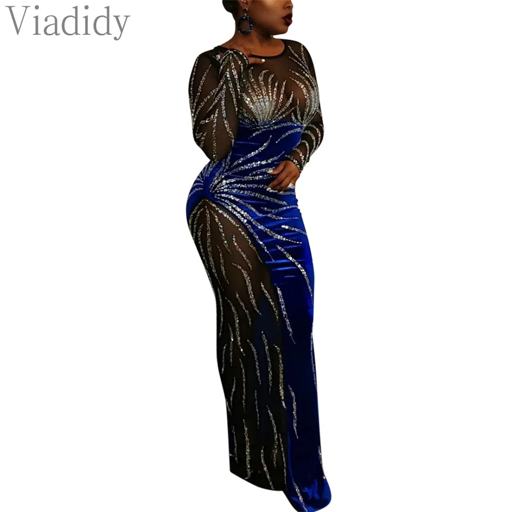 Women Sexy See Through Sheer Mesh Spliced Rhinestone Decor Floor-length Velvet Party Dress