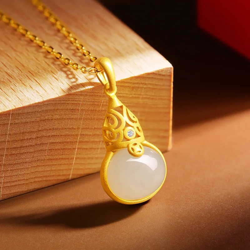 

Ethnic Style S925 Sterling Silver Inlaid Hetian Jade Ladies Necklace Jinlu Fubao Fashion Pendant Collarbone Chain Accessories