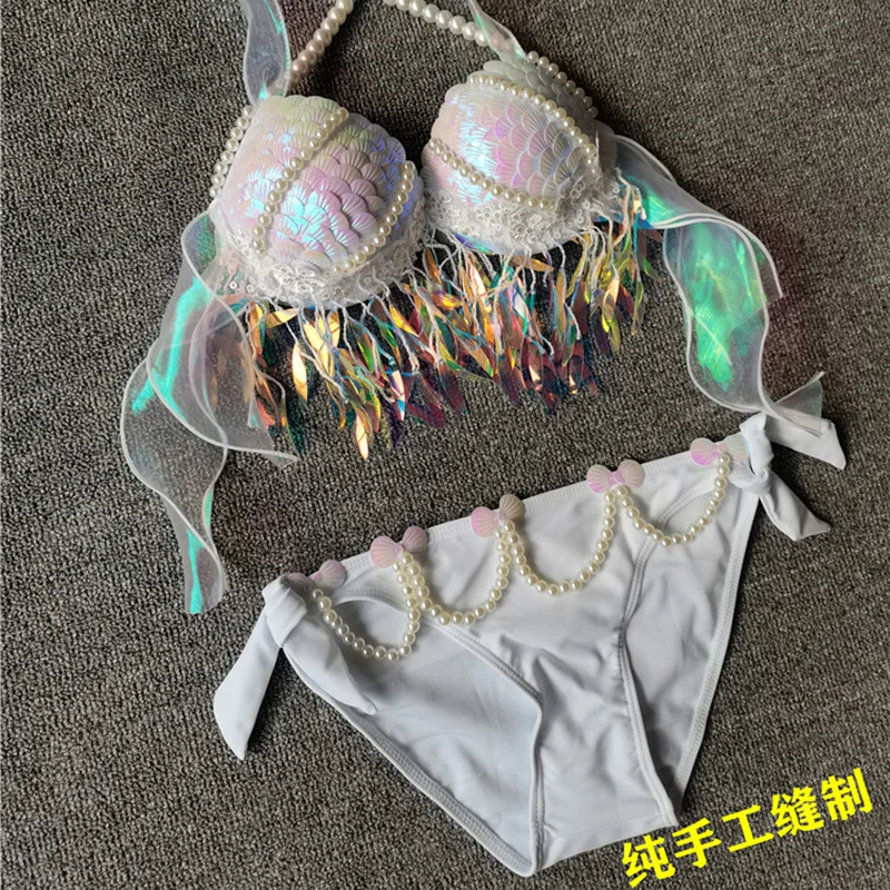 Handmade Mermaid Sequins Seashell Bikini Top Bra Oceanarium Bar Table Performance Costume Fishtail Leather