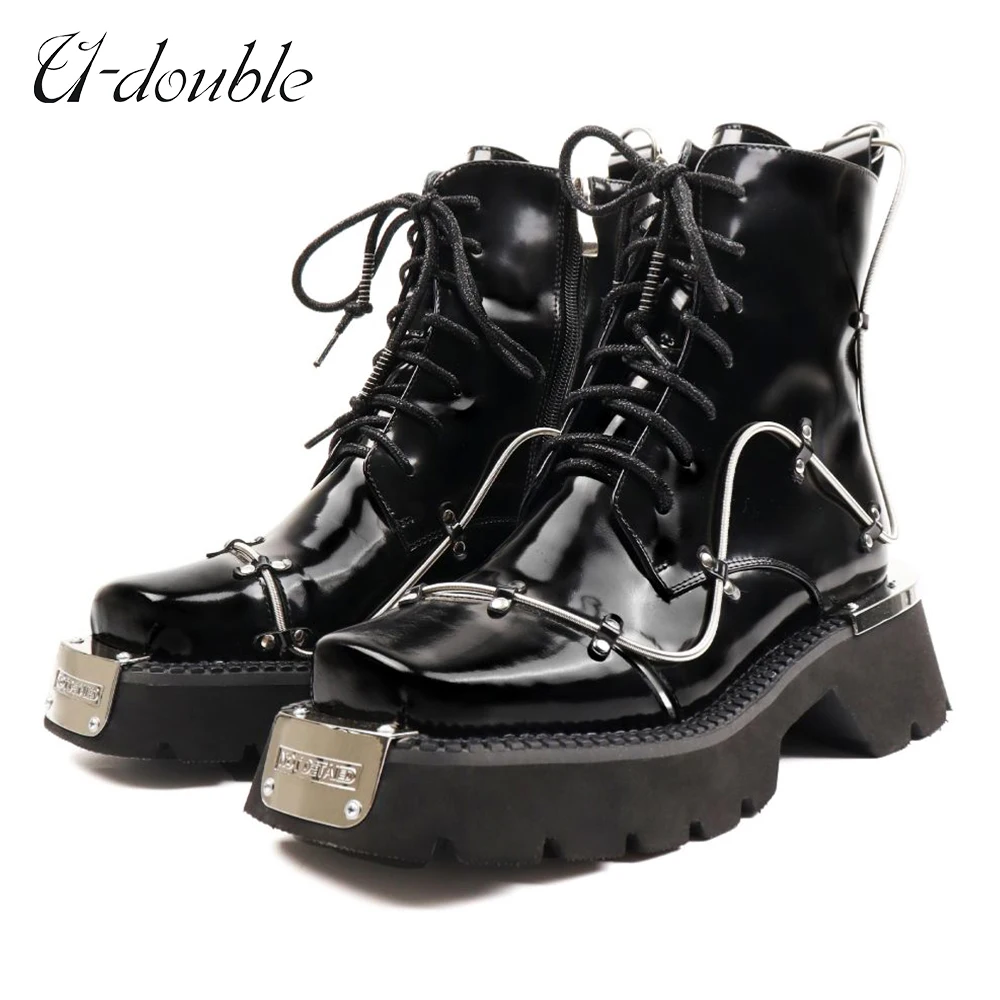 2023 New Lace Up Metal Boots Square Toe Increasing Height Spring Cross Tied Ankle Women Booties Autumn Black Solid Glossy Casual