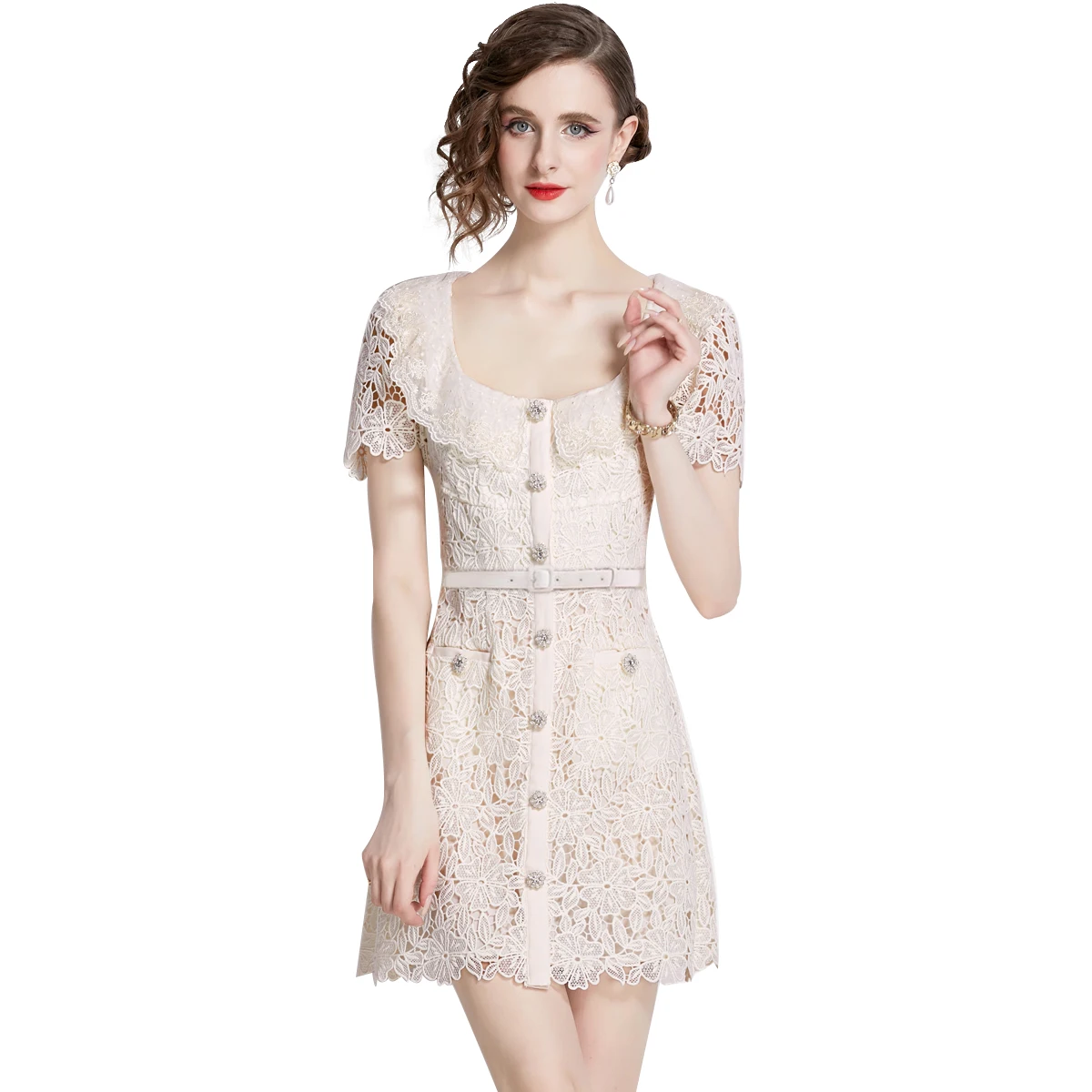 Summer Holiday Beige White Lace Prom Evening Dress Women Flower Embroidery Peter Pan Collar Bead Diamond Button Short Robe