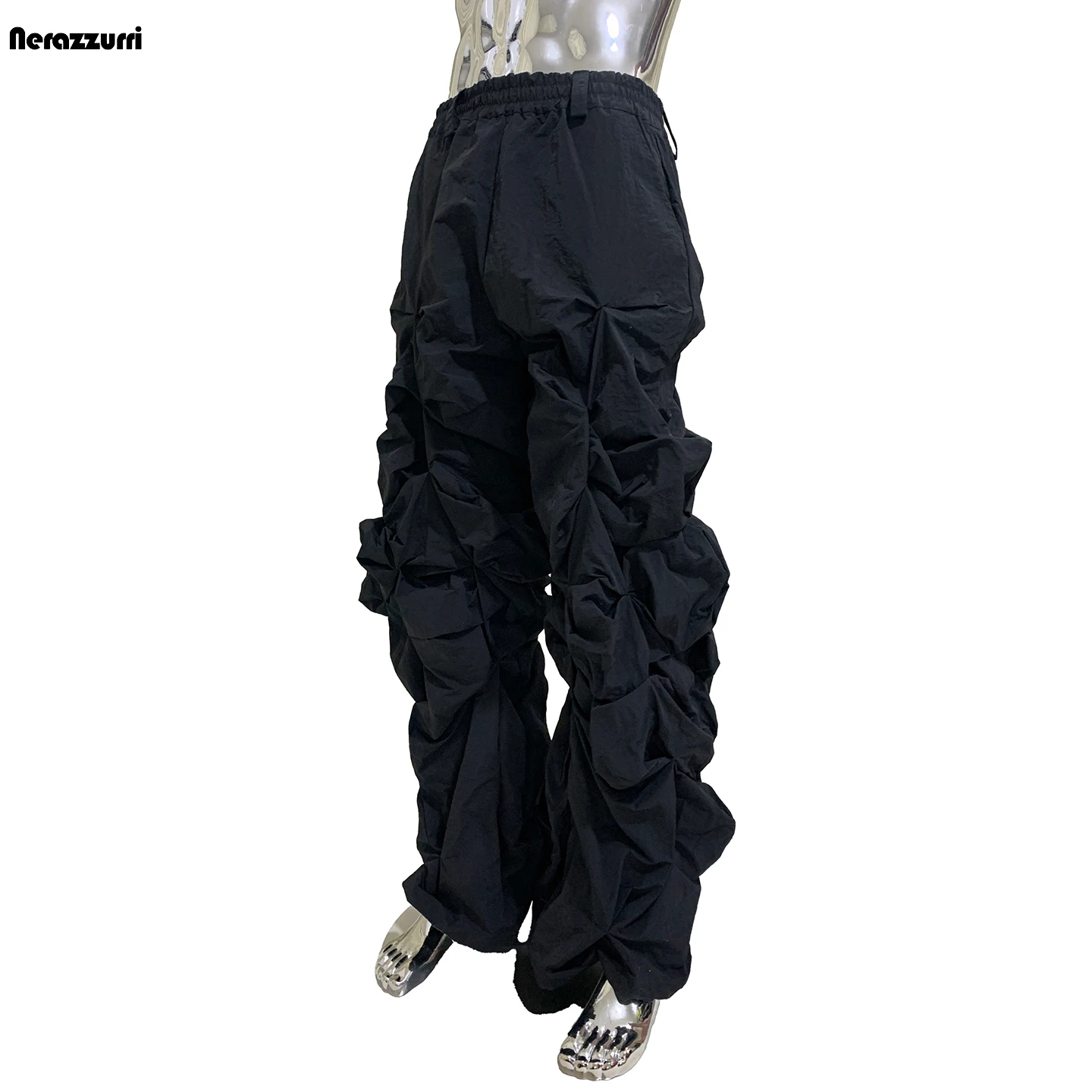 Nerazzurri Men's 3D Casual Pants Elastic Waist Dark Folded Shape Black Loose Fit Workwear Straight Leg All Season