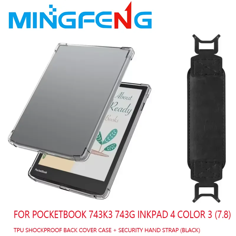 2-IN-1 For PocketBook 743K3 743G InkPad 4 Color 3 (7.8) eBook Clear TPU Shockproof Back Cover Case + Security Hand Strap (Black)