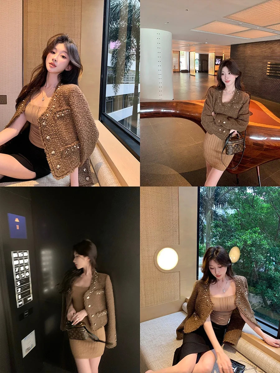 

Achi Heavy Industry Wool Tassel ort Coat Women's Faion Pearling Woolen Knitwear Coffee Color Small Fraance Sle Top