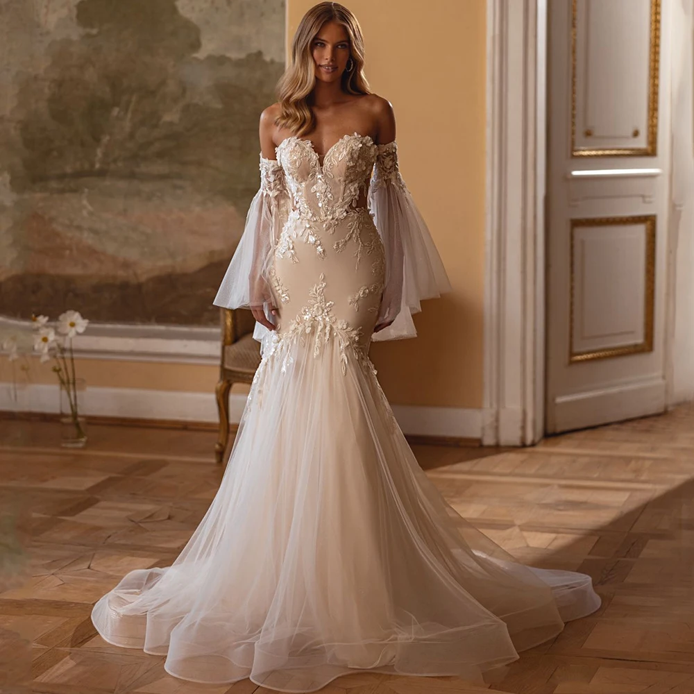 

Customized Applique Tulle Bride Wedding Dress Sweetheart Off the Shoulder Flare Sleeve Gorgeous Mermaid Illusion Back Gowns