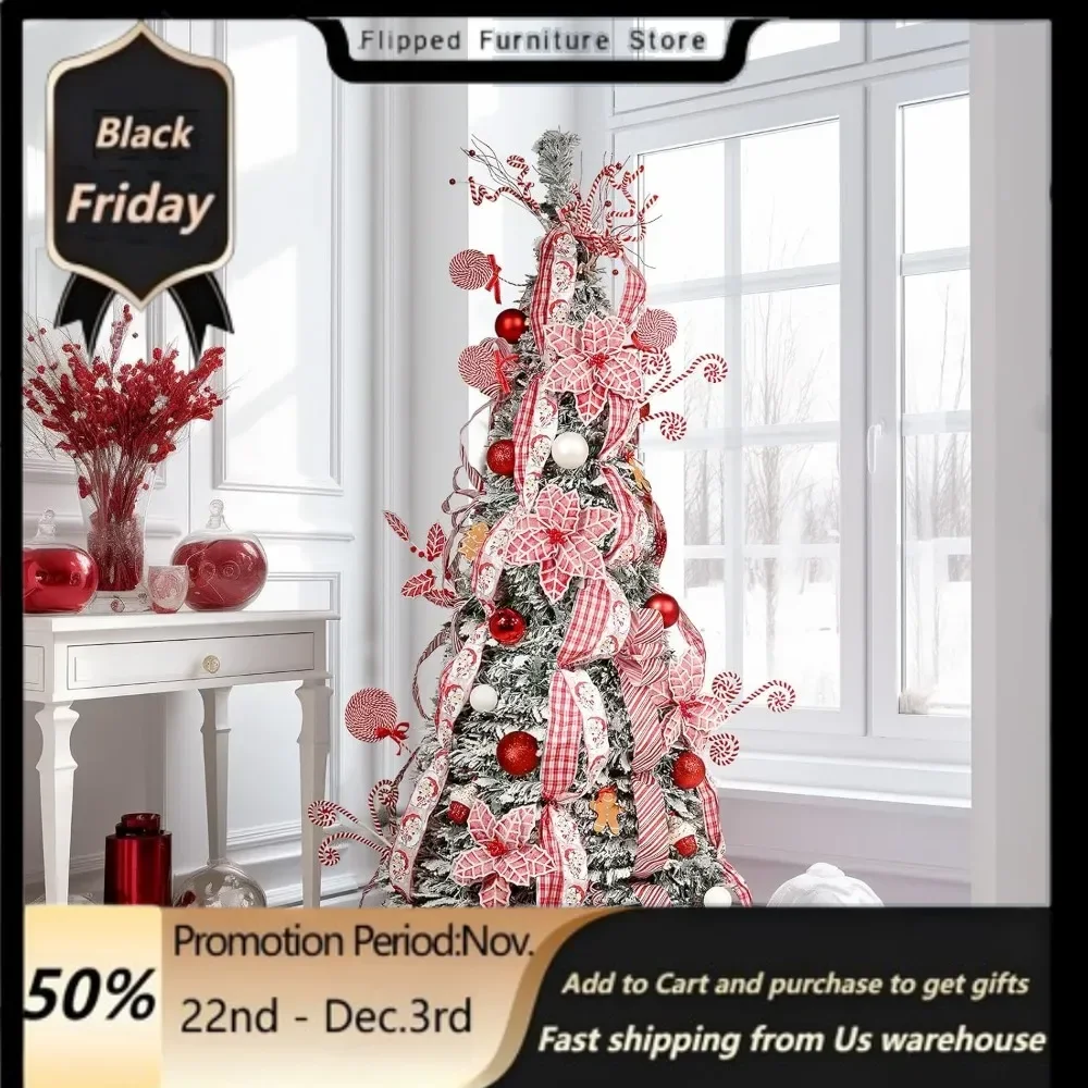 6.5 FT Candy Cane Pop-Up Christmas Tree, Pre-Lit and Fully Decorated, Fire-Resistant Collapsible Outdoor Indoor Christmas Trees.