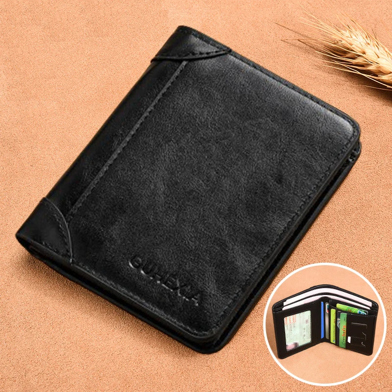 Men Wallet Genuine Leather Rfid Blocking Trifold Wallet Vintage Thin Short Multi Function ID Credit Card Holder Male Purse Money