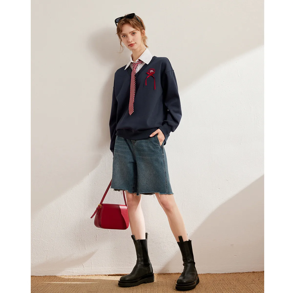 LOUIS YAO New Embroidery Detachable Tie Women's Sweatshirts 2025 Spring Fake Two Piece Tops Colours Collar Long Sleeve Hoodie